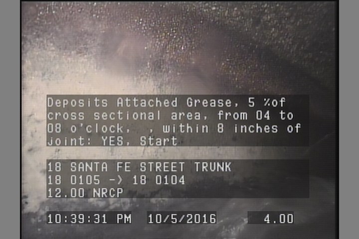 Deposits Attached Grease, 5 %of cross sectional area, from 04 to 08 o'clock, , within 8 inches of joint: YES, Start