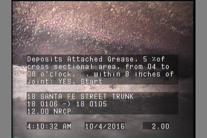 Deposits Attached Grease, 5 %of cross sectional area, from 04 to 08 o'clock, , within 8 inches of joint: YES, Start