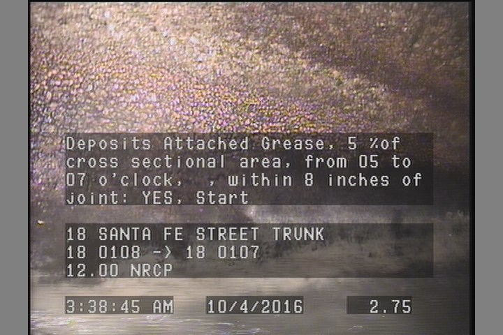 Deposits Attached Grease, 5 %of cross sectional area, from 05 to 07 o'clock, , within 8 inches of joint: YES, Start