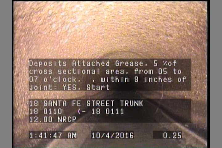 Deposits Attached Grease, 5 %of cross sectional area, from 05 to 07 o'clock, , within 8 inches of joint: YES, Start