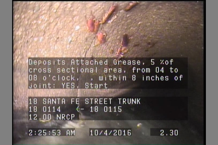 Deposits Attached Grease, 5 %of cross sectional area, from 04 to 08 o'clock, , within 8 inches of joint: YES, Start