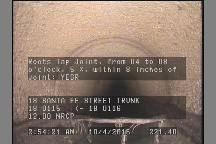 Roots Tap Joint, from 04 to 08 o'clock, 5 %, within 8 inches of joint: YESR
