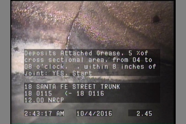 Deposits Attached Grease, 5 %of cross sectional area, from 04 to 08 o'clock, , within 8 inches of joint: YES, Start
