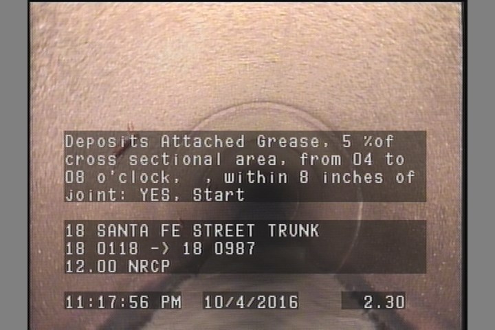Deposits Attached Grease, 5 %of cross sectional area, from 04 to 08 o'clock, , within 8 inches of joint: YES, Start