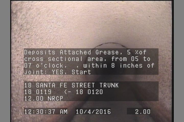 Deposits Attached Grease, 5 %of cross sectional area, from 05 to 07 o'clock, , within 8 inches of joint: YES, Start
