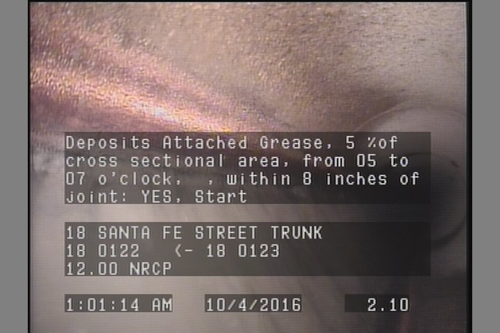 Deposits Attached Grease, 5 %of cross sectional area, from 05 to 07 o'clock, , within 8 inches of joint: YES, Start