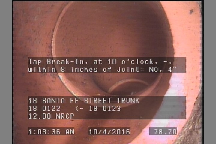 Tap Break-In, at 10 o'clock, -, within 8 inches of joint: NO, 4"