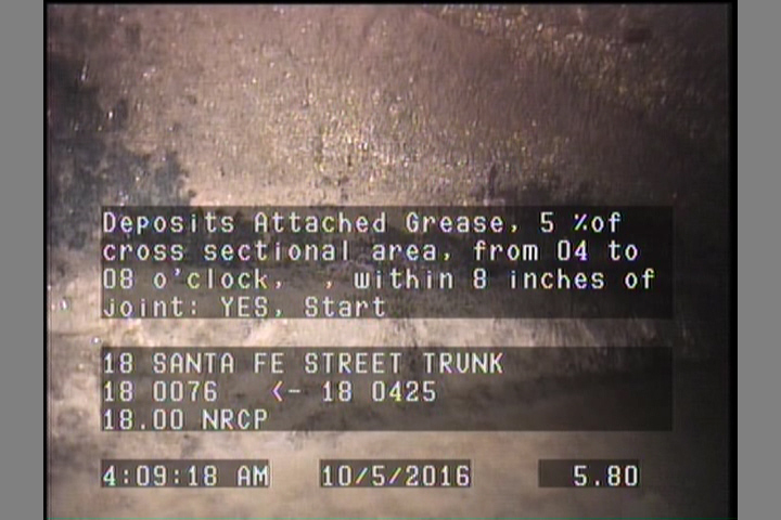 Deposits Attached Grease, 5 %of cross sectional area, from 04 to 08 o'clock, , within 8 inches of joint: YES, Start