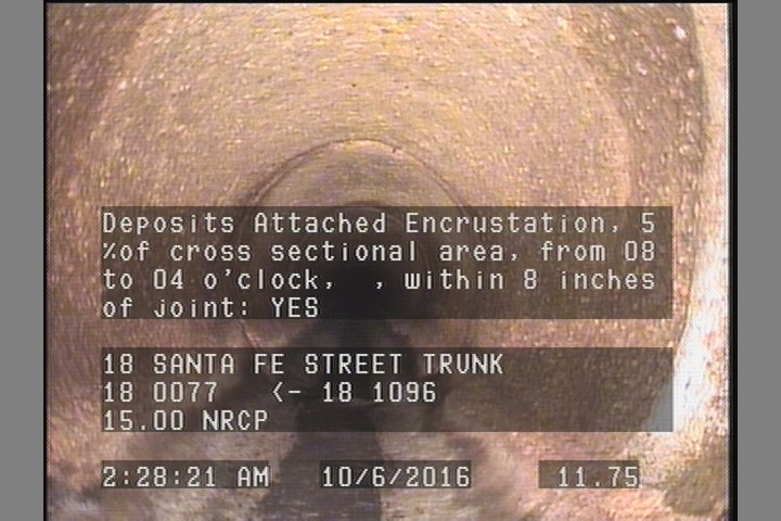 Deposits Attached Encrustation, 5 %of cross sectional area, from 08 to 04 o'clock, , within 8 inches of joint: YES