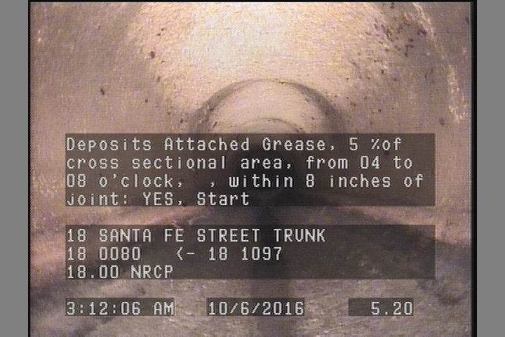 Deposits Attached Grease, 5 %of cross sectional area, from 04 to 08 o'clock, , within 8 inches of joint: YES, Start