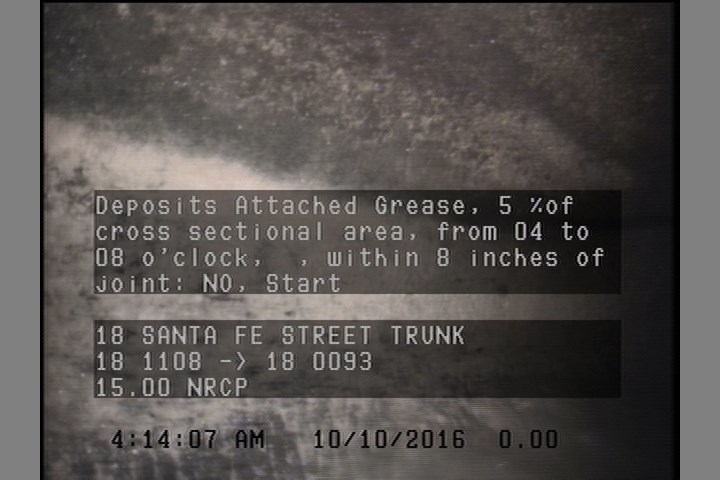 Deposits Attached Grease, 5 %of cross sectional area, from 04 to 08 o'clock, , within 8 inches of joint: NO, Start