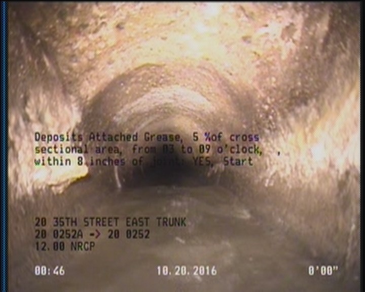Deposits Attached Grease, 5 %of cross sectional area, from 03 to 09 o'clock, , within 8 inches of joint: YES, Start