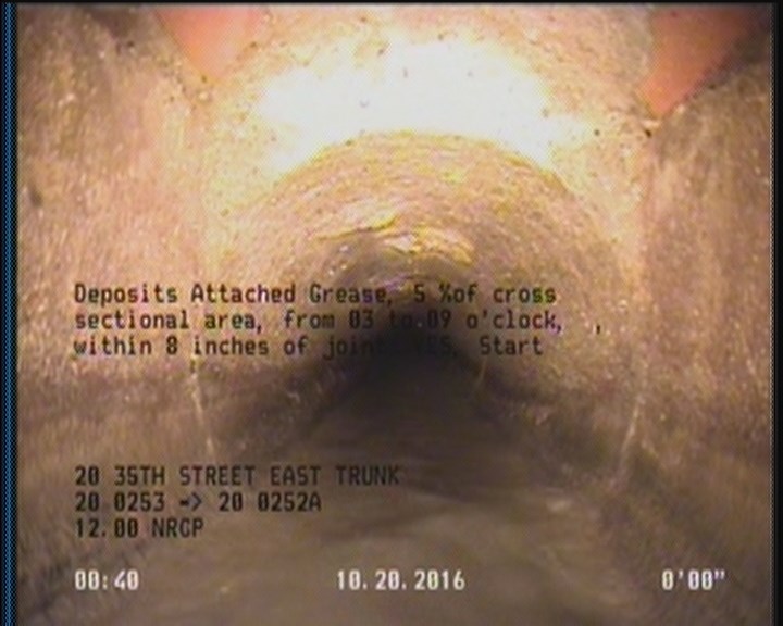 Deposits Attached Grease, 5 %of cross sectional area, from 03 to 09 o'clock, , within 8 inches of joint: YES, Start
