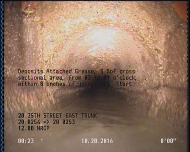 Deposits Attached Grease, 5 %of cross sectional area, from 03 to 09 o'clock, , within 8 inches of joint: YES, Start