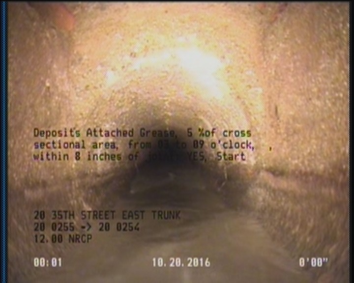 Deposits Attached Grease, 5 %of cross sectional area, from 03 to 09 o'clock, , within 8 inches of joint: YES, Start