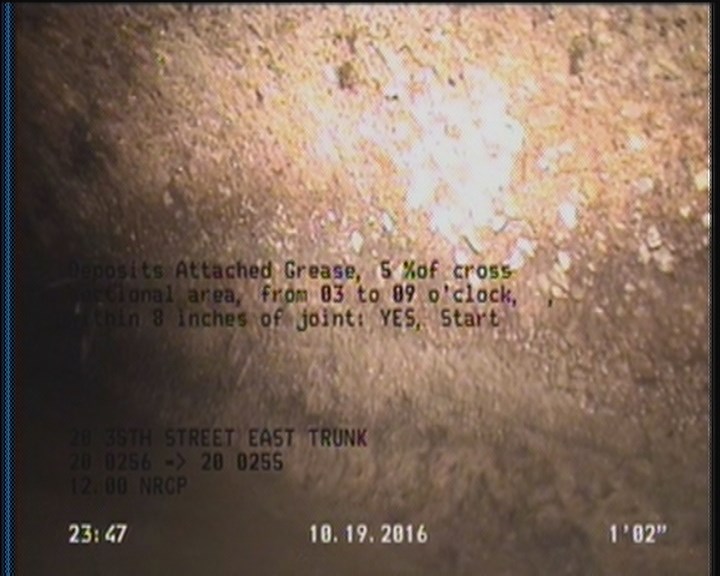 Deposits Attached Grease, 5 %of cross sectional area, from 03 to 09 o'clock, , within 8 inches of joint: YES, Start