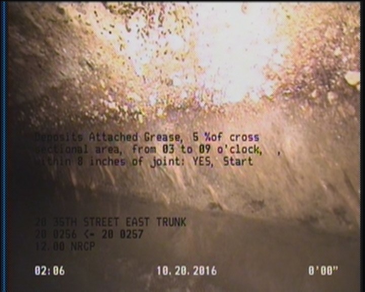 Deposits Attached Grease, 5 %of cross sectional area, from 03 to 09 o'clock, , within 8 inches of joint: YES, Start