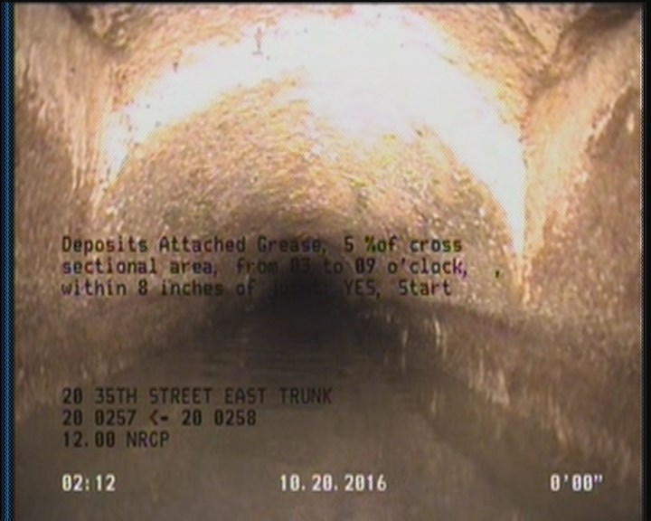 Deposits Attached Grease, 5 %of cross sectional area, from 03 to 09 o'clock, , within 8 inches of joint: YES, Start