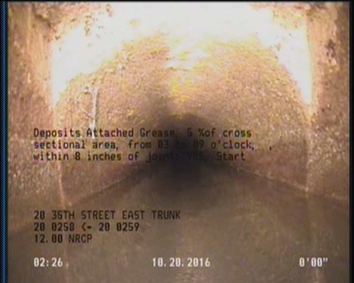 Deposits Attached Grease, 5 %of cross sectional area, from 03 to 09 o'clock, , within 8 inches of joint: YES, Start