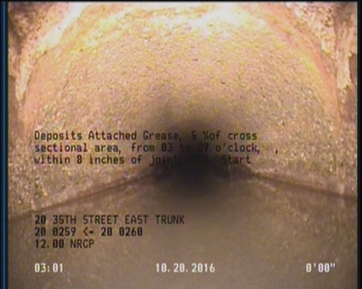 Deposits Attached Grease, 5 %of cross sectional area, from 03 to 09 o'clock, , within 8 inches of joint: YES, Start