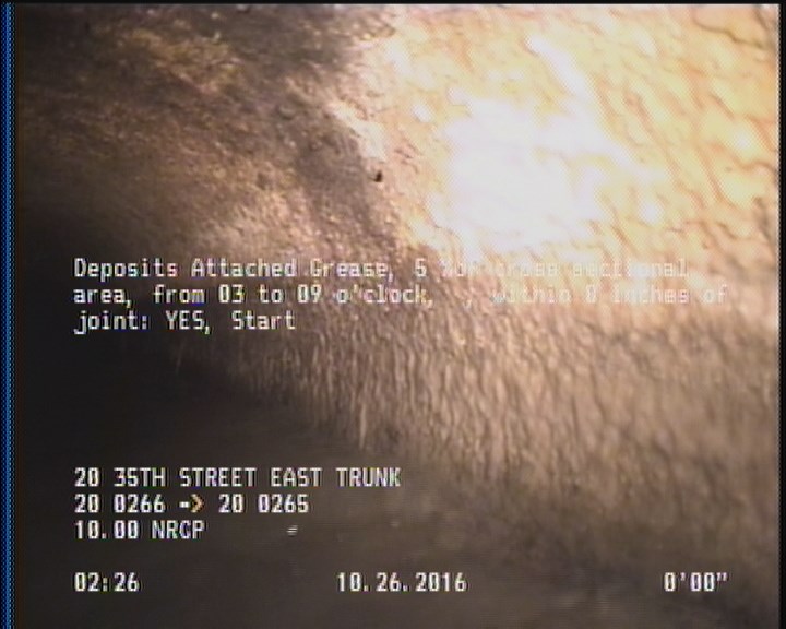 Deposits Attached Grease, 5 %of cross sectional area, from 03 to 09 o'clock, , within 8 inches of joint: YES, Start