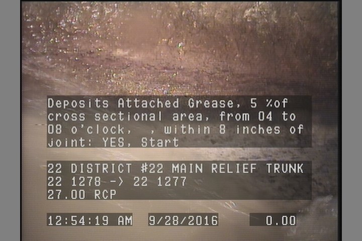Deposits Attached Grease, 5 %of cross sectional area, from 04 to 08 o'clock, , within 8 inches of joint: YES, Start