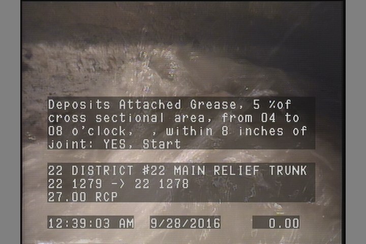 Deposits Attached Grease, 5 %of cross sectional area, from 04 to 08 o'clock, , within 8 inches of joint: YES, Start