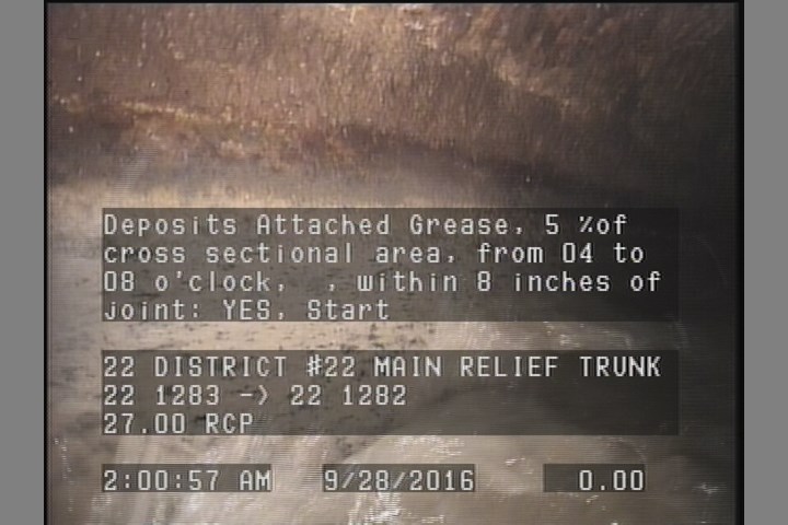 Deposits Attached Grease, 5 %of cross sectional area, from 04 to 08 o'clock, , within 8 inches of joint: YES, Start