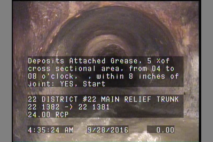 Deposits Attached Grease, 5 %of cross sectional area, from 04 to 08 o'clock, , within 8 inches of joint: YES, Start