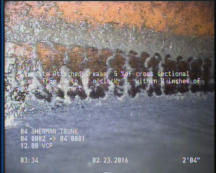 Deposits Attached Grease, 5 %of cross sectional area, from 04 to 08 o'clock, , within 8 inches of joint: YES, Start