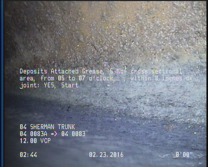 Deposits Attached Grease, 5 %of cross sectional area, from 05 to 07 o'clock, , within 8 inches of joint: YES, Start