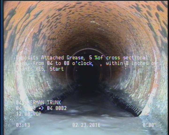Deposits Attached Grease, 5 %of cross sectional area, from 04 to 08 o'clock, , within 8 inches of joint: YES, Start