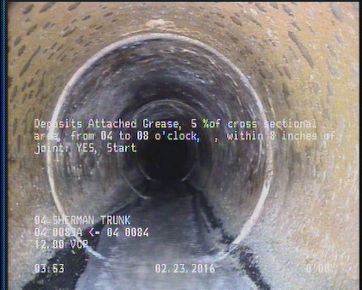 Deposits Attached Grease, 5 %of cross sectional area, from 04 to 08 o'clock, , within 8 inches of joint: YES, Start