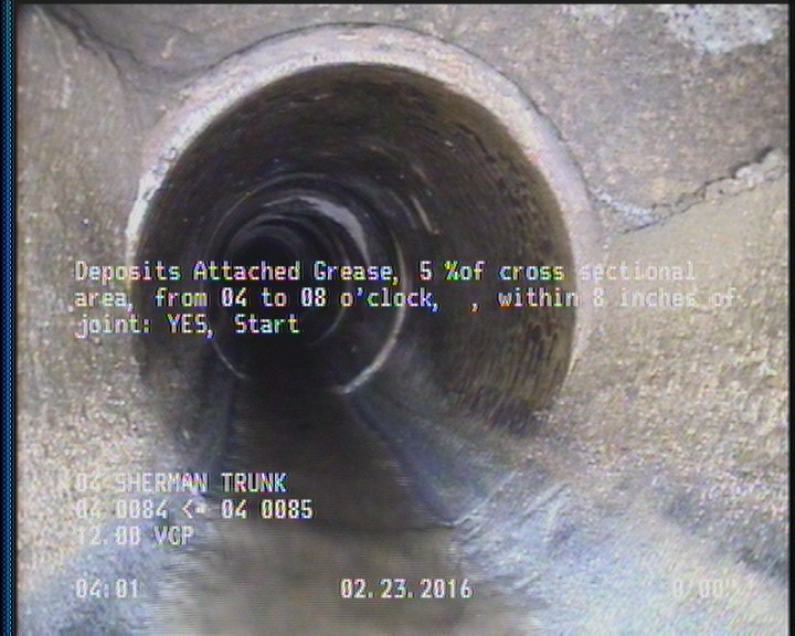 Deposits Attached Grease, 5 %of cross sectional area, from 04 to 08 o'clock, , within 8 inches of joint: YES, Start