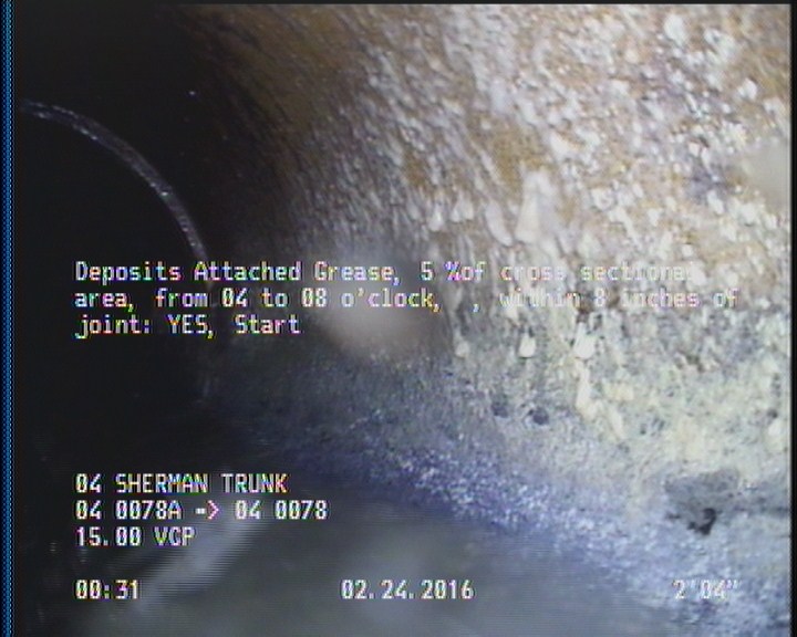 Deposits Attached Grease, 5 %of cross sectional area, from 04 to 08 o'clock, , within 8 inches of joint: YES, Start