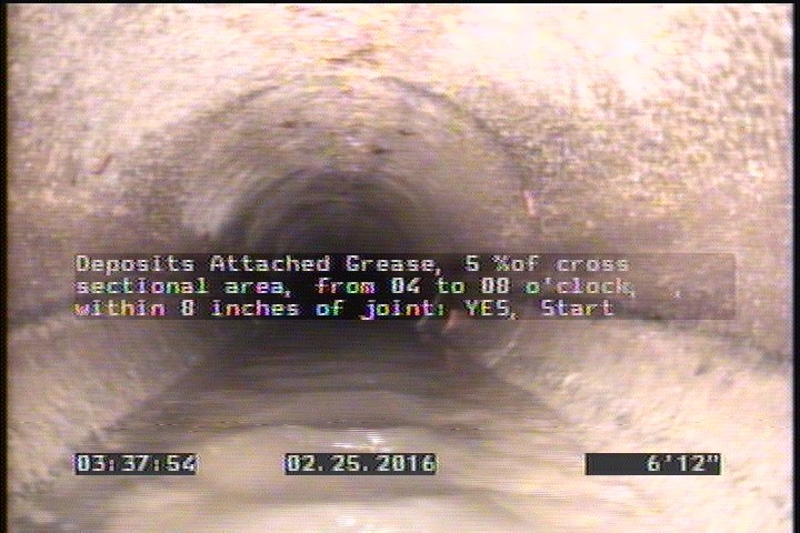 Deposits Attached Grease, 5 %of cross sectional area, from 04 to 08 o'clock, , within 8 inches of joint: YES, Start