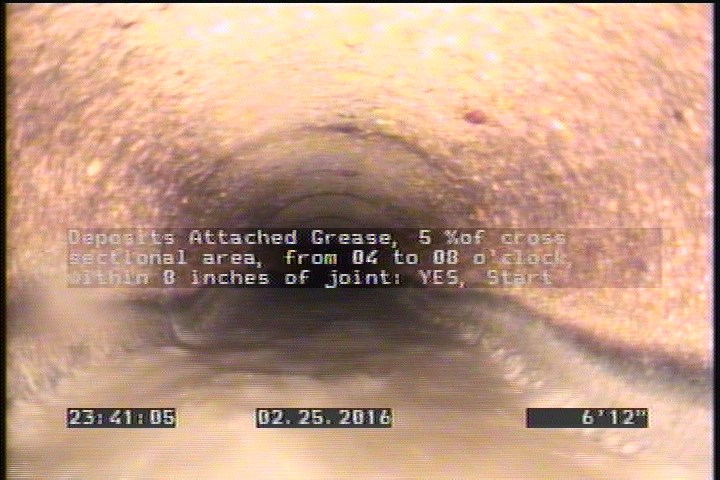 Deposits Attached Grease, 5 %of cross sectional area, from 04 to 08 o'clock, , within 8 inches of joint: YES, Start