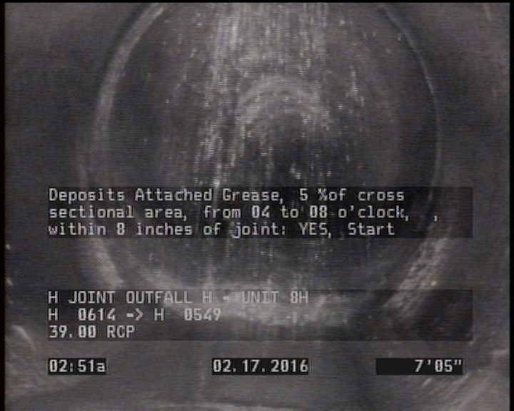 Deposits Attached Grease, 5 %of cross sectional area, from 04 to 08 o'clock, , within 8 inches of joint: YES, Start