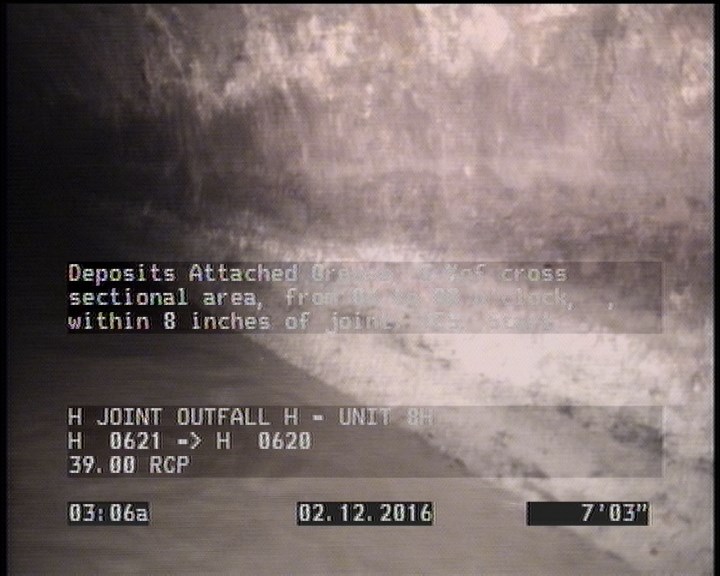 Deposits Attached Grease, 5 %of cross sectional area, from 04 to 08 o'clock, , within 8 inches of joint: YES, Start