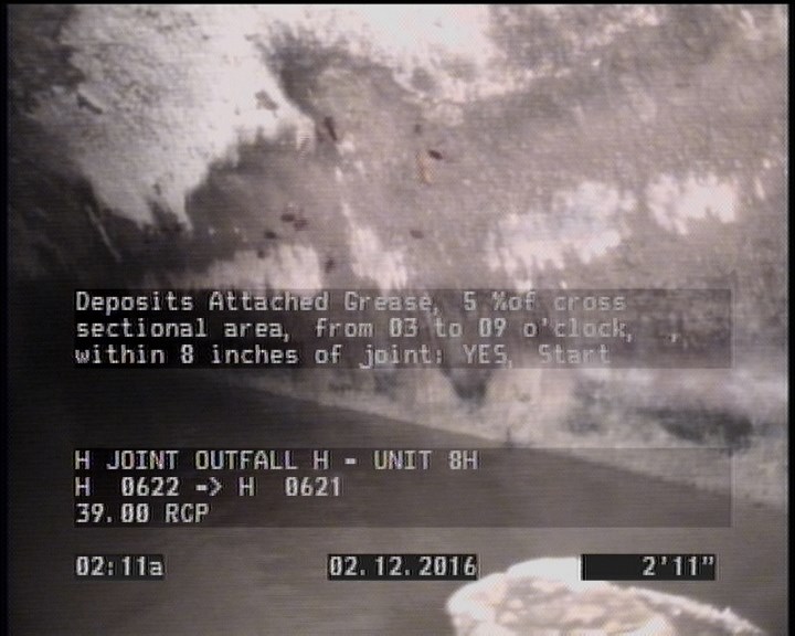 Deposits Attached Grease, 5 %of cross sectional area, from 03 to 09 o'clock, , within 8 inches of joint: YES, Start