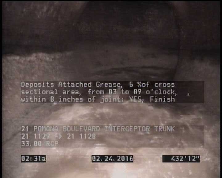 Deposits Attached Grease, 5 %of cross sectional area, from 03 to 09 o'clock, , within 8 inches of joint: YES, Finish