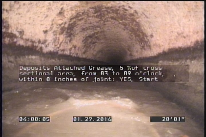 Deposits Attached Grease, 5 %of cross sectional area, from 03 to 09 o'clock, , within 8 inches of joint: YES, Start
