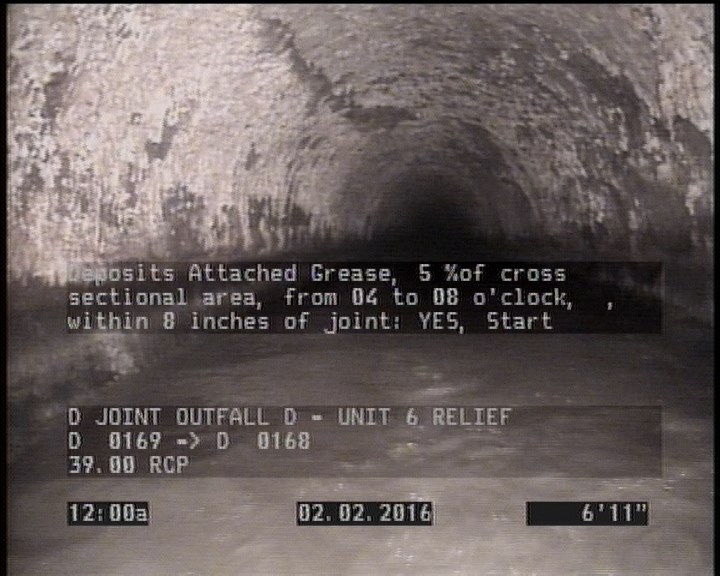 Deposits Attached Grease, 5 %of cross sectional area, from 04 to 08 o'clock, , within 8 inches of joint: YES, Start
