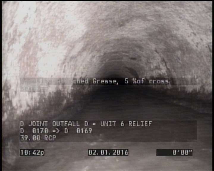 Deposits Attached Grease, 5 %of cross sectional area, from 03 to 09 o'clock, , within 8 inches of joint: YES, Start