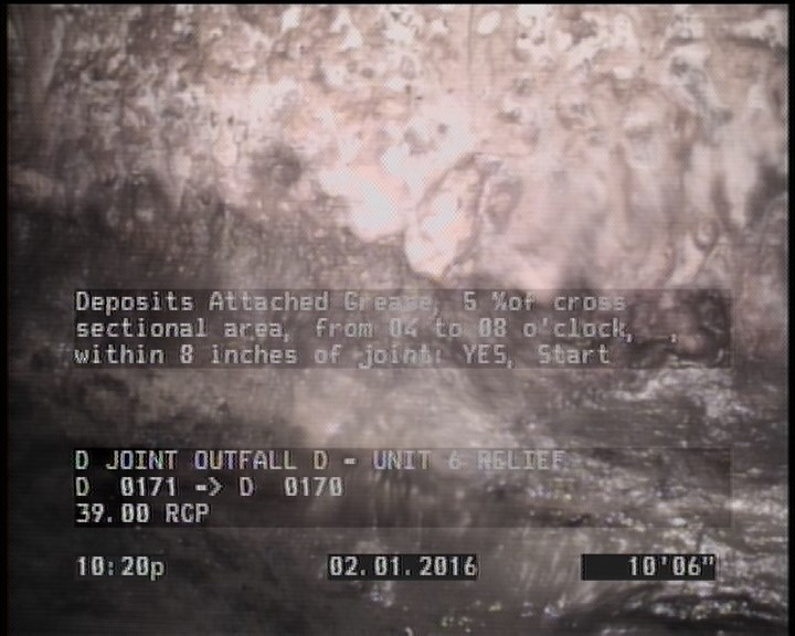 Deposits Attached Grease, 5 %of cross sectional area, from 04 to 08 o'clock, , within 8 inches of joint: YES, Start