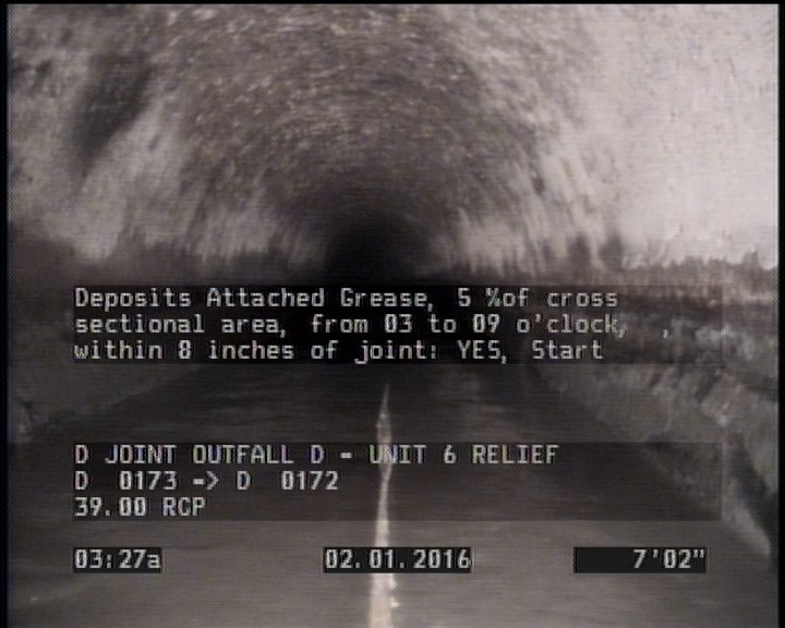 Deposits Attached Grease, 5 %of cross sectional area, from 03 to 09 o'clock, , within 8 inches of joint: YES, Start