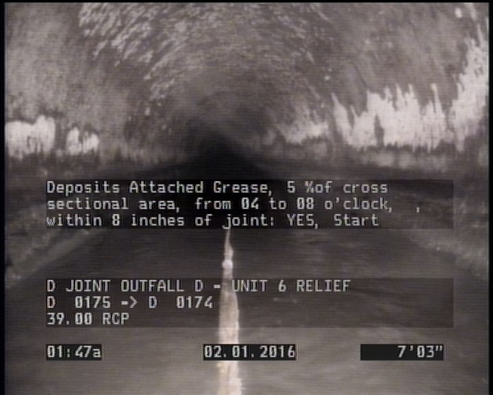 Deposits Attached Grease, 5 %of cross sectional area, from 04 to 08 o'clock, , within 8 inches of joint: YES, Start
