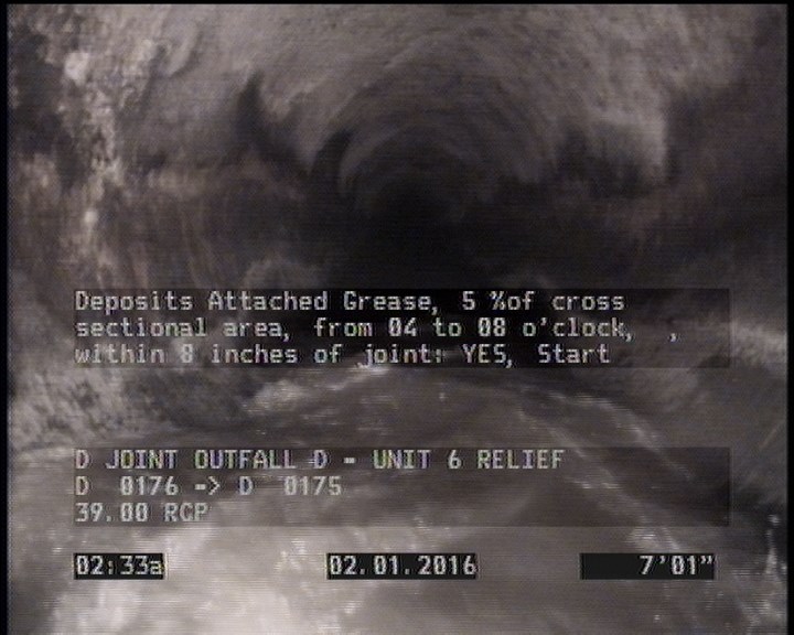 Deposits Attached Grease, 5 %of cross sectional area, from 04 to 08 o'clock, , within 8 inches of joint: YES, Start