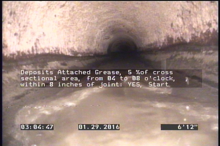 Deposits Attached Grease, 5 %of cross sectional area, from 04 to 08 o'clock, , within 8 inches of joint: YES, Start