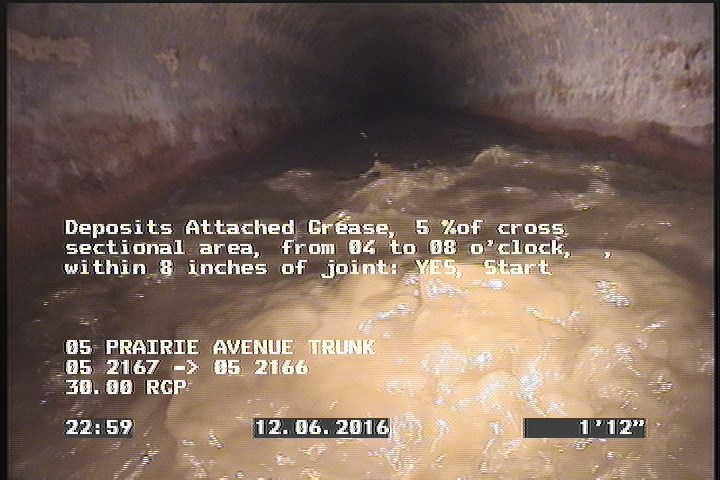 Deposits Attached Grease, 5 %of cross sectional area, from 04 to 08 o'clock, , within 8 inches of joint: YES, Start